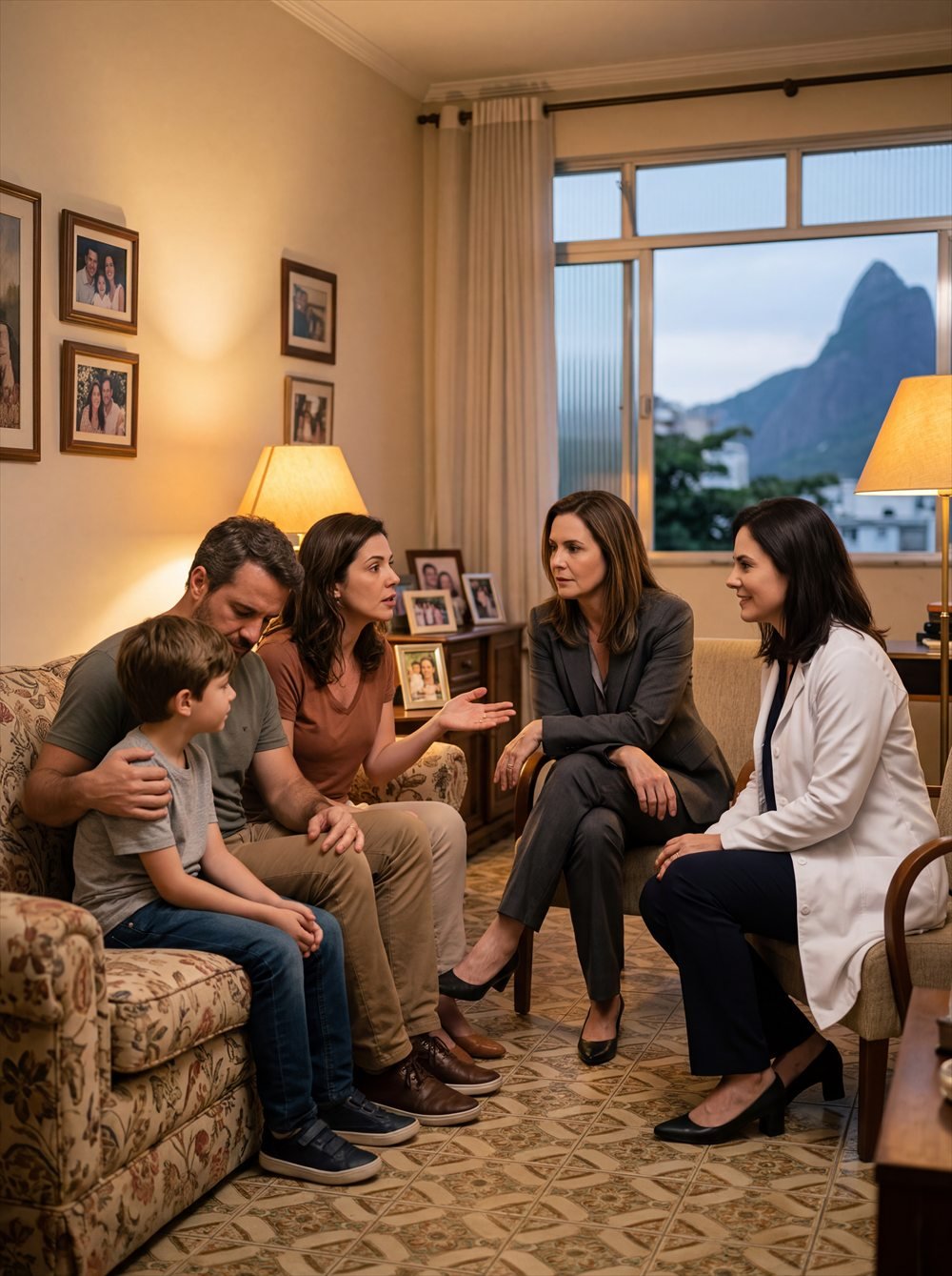 Casal e filho conversam em casa com uma advogada e uma médica do Instituto.