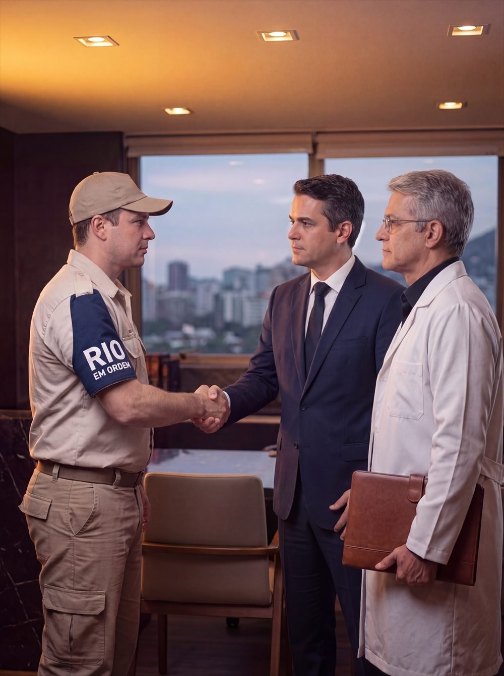Guarda municipal do Rio, de uniforme caqui com braçadeira RIO EM ORDEM, é recebido por um advogado e um médico do Instituto.