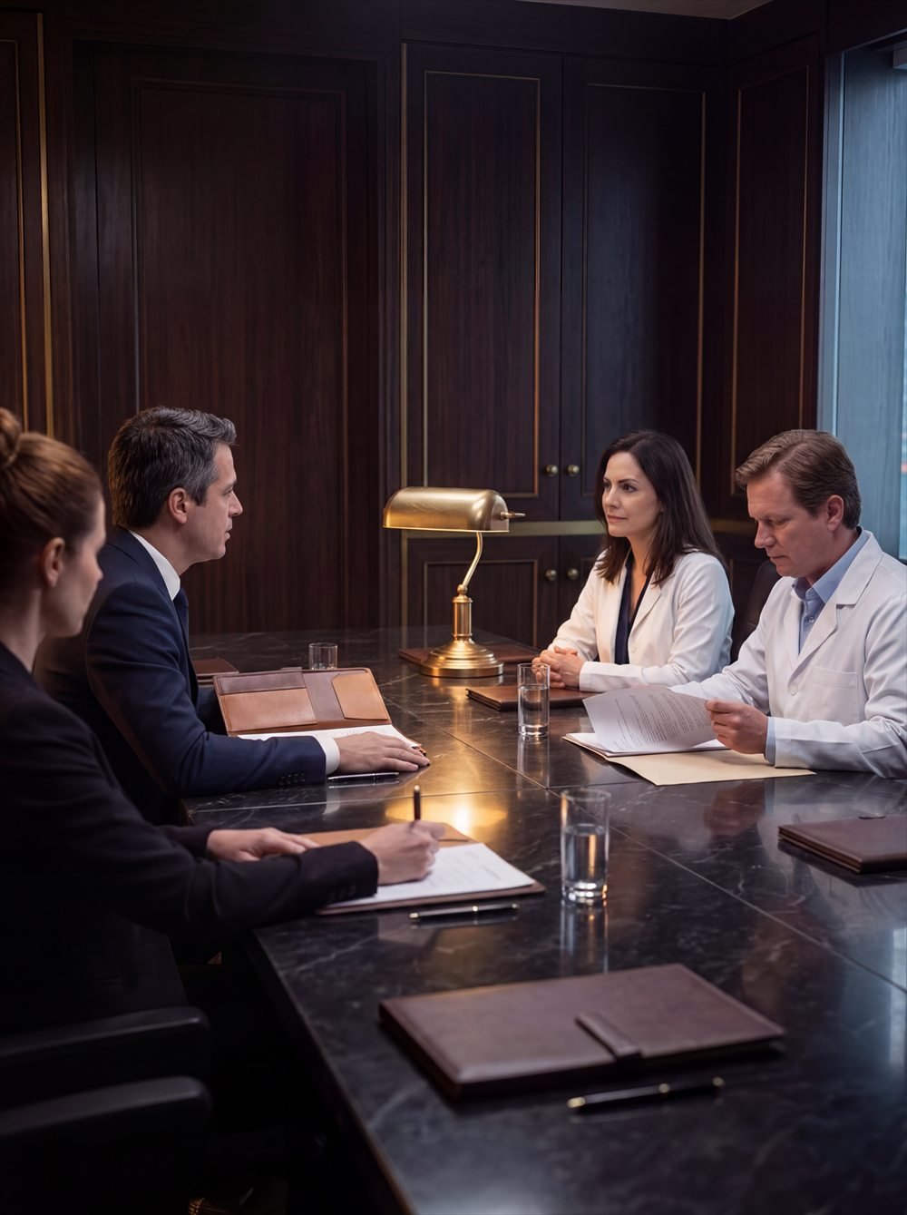 Advogados e médicos do Instituto revisam um caso na mesa de reunião.